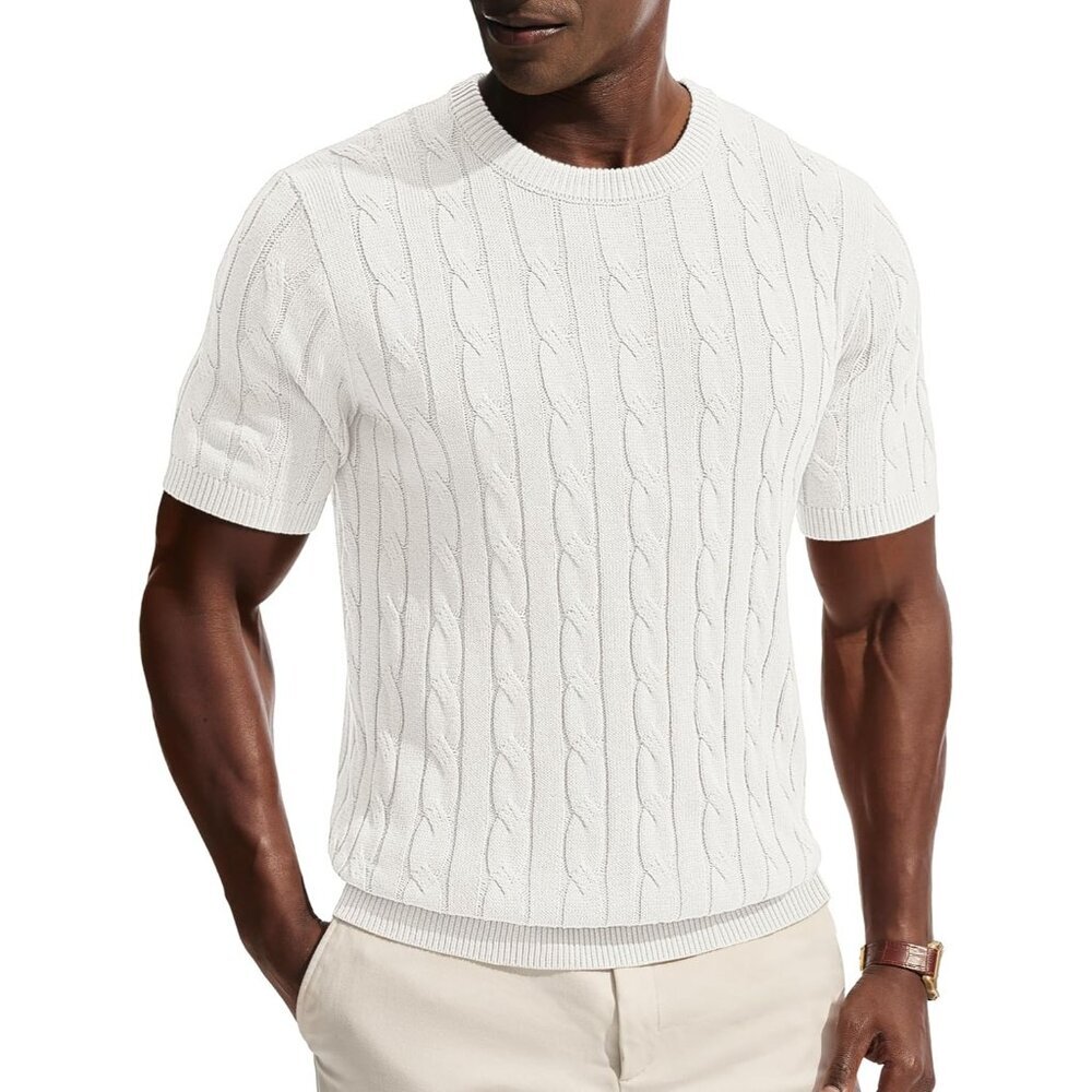Men's White Crewneck Tee Shirt Cable Knit Tee Imported Short Sleeve T-shirts
